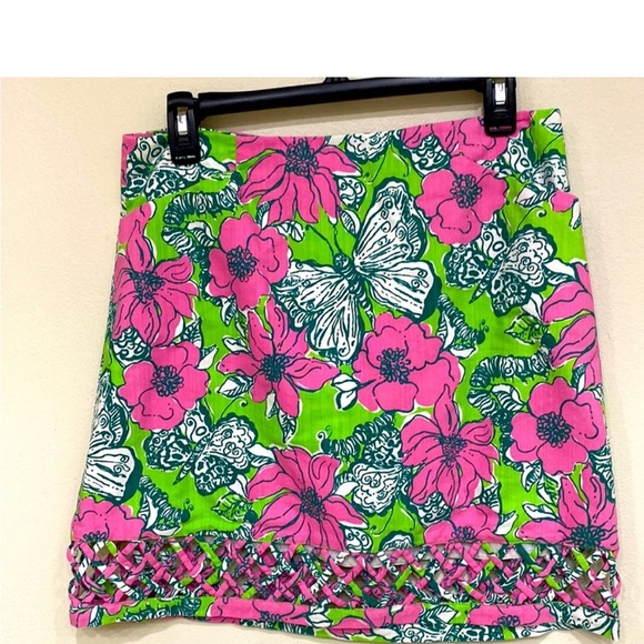 Lilly Pulitzer Roslyn Lattice Butterfly Pink Green Bloomin Cocoonin Skirt 8 VTG - Picture 2 of 5